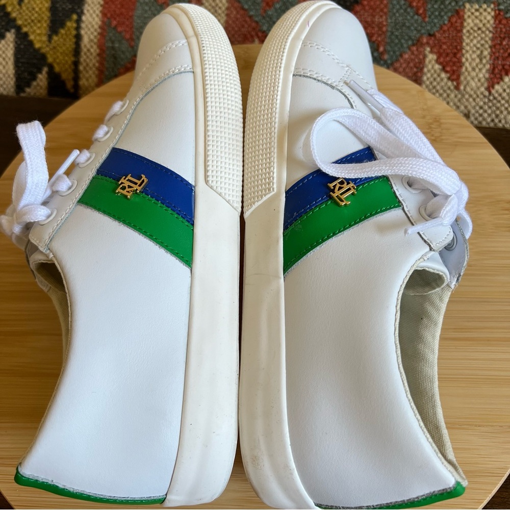 Lauren Ralph Lauren Jason II White Cow Leather Sneakers Blue/Green Stripes US8 - Picture 3 of 15